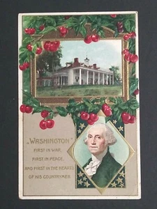 George Washington Mount Vernon Kirschen patriotische Goldprägung Postkarte um 1900 - Bild 1 von 5