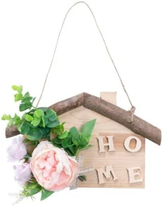 Willkommensschild hängend Wanddeko für Haustür Wohnzimmer Holz Blumenkranz - Bild 1 von 6