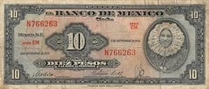 Mexico 10 Pesos 8.9.1954 Series EM Prefix N Circulated Banknote GV - Picture 1 of 2