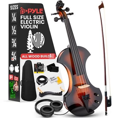 Pyle Full Size Electric Violin Kit - 4/4 Solid Wood Silent Fiddle with Hard Case - Image 1 of 4