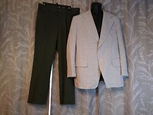 Vintage 70s Haspel Size 41 Green And White Two Piece Suit Blazer 34x28 Pants