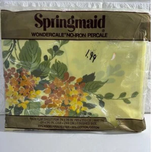 Springmaid Wondercale Percale Yellow Sheet Twin Flat Floral 80s 70s Mid Century - Picture 1 of 6