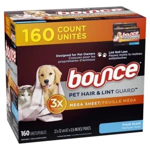 BOUNCE Pet Hair & Lint Guard MEGA Dryer Sheets - 3X Pet Hair Fighter ~ 160 Count - Picture 1 of 10