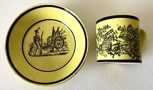 ANTIQUE OLD FRENCH Miniature PORCELAIN YELLOW CREIL Military Mini Cup & Saucer - Picture 1 of 7