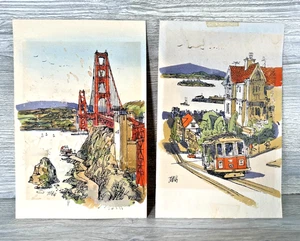 Watercolor Paintings San Francisco Signed Original Golden Gate Bridge Streetcar - Picture 1 of 11