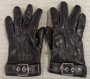 Coach Soho Dark Brown Leather Gloves With Silver Buckles & Cashmere Lining 7.5 - Picture 1 of 11