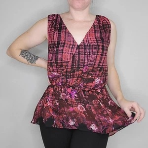Bisou Bisou rosa Blumen kariert Schößchen Bluse Top Größe Small - Bild 1 von 9