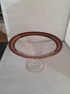 Vintage Art Deco glass compote with orange and black rim- 5 1/8" H-7 7/8" D. - Picture 1 of 8