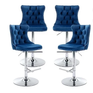 Adjustable Swivel Bar Stools w/ Slive Base (Set of 4) Velvet Kitchen Chair, Blue - Picture 1 of 2