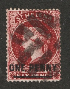 1883 St. Helena - Sc# 29 - One Penny on Six Pence, Queen Victoria. Used Cv$22.50 - Picture 1 of 1