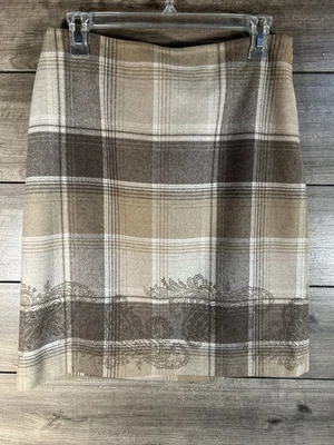 Falda lápiz forrada Ann Taylor marrón a cuadros mezcla de lana con borde de diseño Paisley Foto 1 de 4