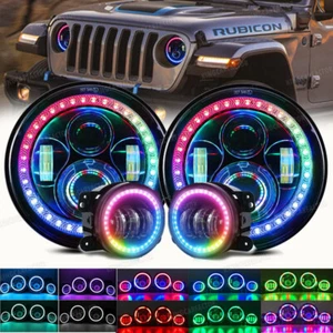 RGB Color 7'' LED Halo Headlights Fog Light Chasing Kit for Jeep Wrangler JK JKU - Picture 1 of 12