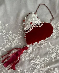VELVET HEART, with TASSEL, beaded, RED, hanging, handmade reclaimed lace - Picture 1 of 16