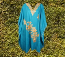Women Embroidery Midi Kaftan Dress, Summer Blue Floral Cotton Kimono Caftan 4-XL