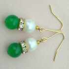 Natural white Southsea fresh water pearl Green jade 14K gold earrings Wedding