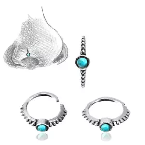 TRIBAL 20G TURQUOISE AND STERLING SILVER NOSE RING 7.5MM RING NOSE STUD HELIX - Picture 1 of 2