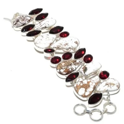 Brazalete de plata de ley 925 con piedras preciosas de granate y caballo salvaje natural 7-8" F462 Foto 1 de 4