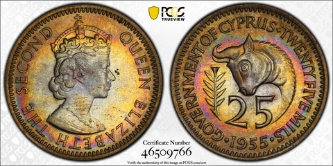 MS65 1955 Cyprus 25 Mils, PCGS Trueview- Beautifully Rainbow Toned Cover