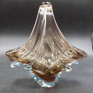 Vintage Hand Blown Art Glass Smokey Amber & Clear Basket 7" L6c - Picture 1 of 7