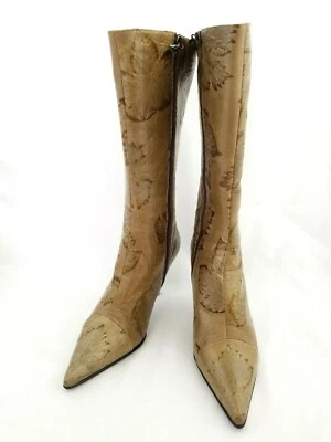 Loriblu Sand Colored Mid Calf Leaf Print Stiletto Pointed Toe Boots Sz 37 Italy - Image 1 of 4