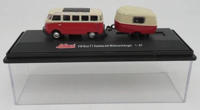 Metal Die Cast Schuco Ho 1/87 Vw Volkswagen Bus T1 Samba + Caravane #45 21690 00 - Immagine 1 di 4