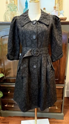 Sz M Black Brocade Quilted Pleated Skirt Jacket Coat Romantic Goth Peacoat Dress - Image 1 of 4