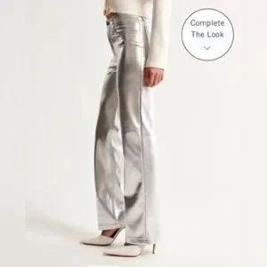 Neu mit Etikett Abercrombie & Fitch Kunstlederhose silber gerades Bein 90er hoher Bund 26 - Bild 1 von 10