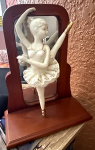 Vintage Ballerina Porcelain Figurine Wooden Base Posing In Front of Mirror - Picture 1 of 13