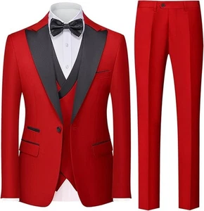 Uninukoo Herren Anzug Slim Fit Rot 3 Teiler XS Satin Spitzes Revers 1 Knopf - Bild 1 von 2