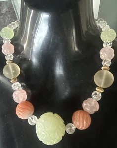 Vintage Chinese Heavy Carved Jade Carnelian Rose Quartz Rock Crystal Necklace - Picture 1 of 24