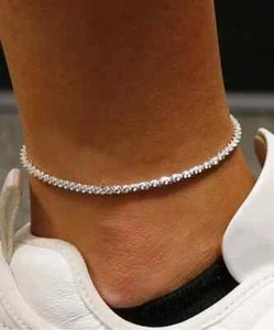 Italian 925 Solid Sterling Silver 2MM DIAMOND CUT Roc Anklet Chain 9" or 10" - Picture 1 of 3