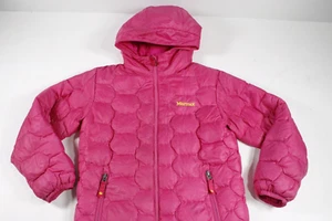 Marmot Puffer Jacket Girls Sz M Pink Duck Down Full Zip Hooded Coat Quilted - Picture 1 of 12