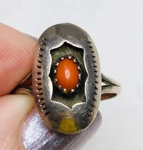 Old Pawn Shadow Box Ring, Sterling Silver + Coral, Sz 4 1/4, eb79 - Picture 1 of 4