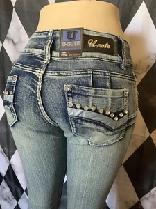 Dark Wash DISTRESSED Fading WHISKER Skinny Jeans RHINESTONES Pants STRETCH Sz 5 - Picture 1 of 12