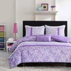 4 Piece Purple Floral Bedding Full/queen Size Home Solid Soft Sham Comforter Set - Picture 1 of 5