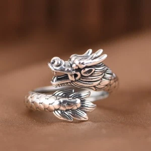 Solid 925 Sterling Silver Stamped Mens Unique Dragon Tail Ring Size Adjustable - Picture 1 of 7