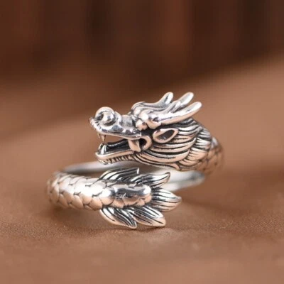 Solid 925 Sterling Silver Stamped Mens Unique Dragon Tail Ring Size Adjustable - Image 1 of 4