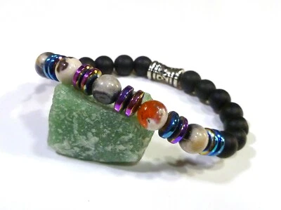 ONYX MIT ACHAT HANDGEFERTIGTES GUMMIZUG ARMBAND - Bild 1 von 4