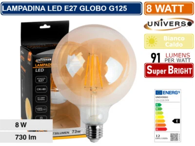 LAMPADINA LED GLOBO G125 E27 FILAMENTO VINTAGE 8W VETRO AMBRATO LUCE CALDA 2600 - Immagine 1 di 2