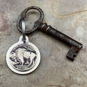 Stainless Steel Key Chain Vintage Buffalo Bison Nickel 5 Cents Antiqued Finish