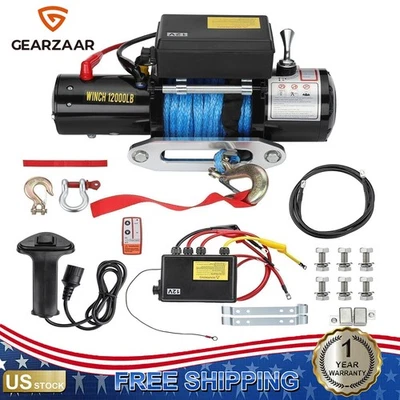 12000LBS Electric Winch12V Synthetic Cable Truck Trailer Towing Off-Road 4WD-set - Image 1 of 4
