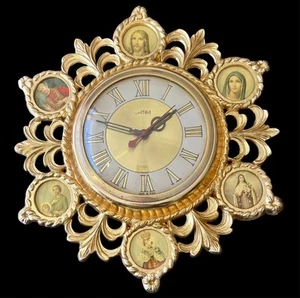 Vintage United Wall Church Clock Ornate Gold Metal w/6 Catholic Images Jesus - Picture 1 of 9