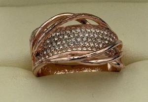 925 Sterling Silver Rose Gold Tone Crossover Pave Crystal Wide Ring Size 11 - Picture 1 of 7