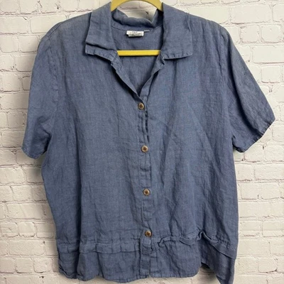 Lo último Algodón Damas Pizarra Azul Manga Corta Botón Abajo Lino Preppy XL Dinero Antiguo Foto 1 de 4