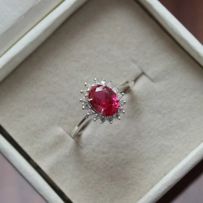Engagement Lab Created Oval Cut Ruby Gemstone 925 Sterling Silver Ring - Image 1 of 4
