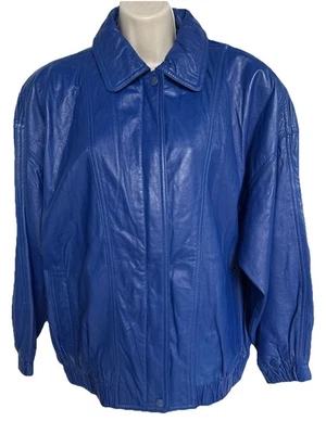 Impresionante Chaqueta de Cuero Azul Real Brillante Nordstrom Town Square Talla M DE COLECCIÓN AÑOS 80 Foto 1 de 4