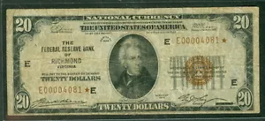 $20,00 FRN – Richmond NOTA STELLA, 1929, fr. #1870E*, Fine+, - Foto 1 di 1