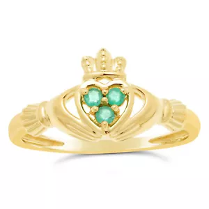 10K Yellow Gold Round Natural Emerald "Claddagh" Ring for Women - Size 7 - Picture 1 of 6