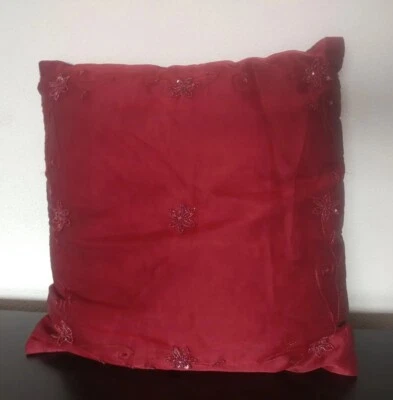 Red Floral Sequined Embroidered Cushion 18" x 18" - Image 1 of 4