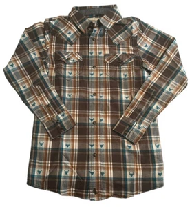 Cody James Shirt Boys Small Brown Blue Plaid Western Pearl Snap Sawtooth Youth - Picture 1 of 8